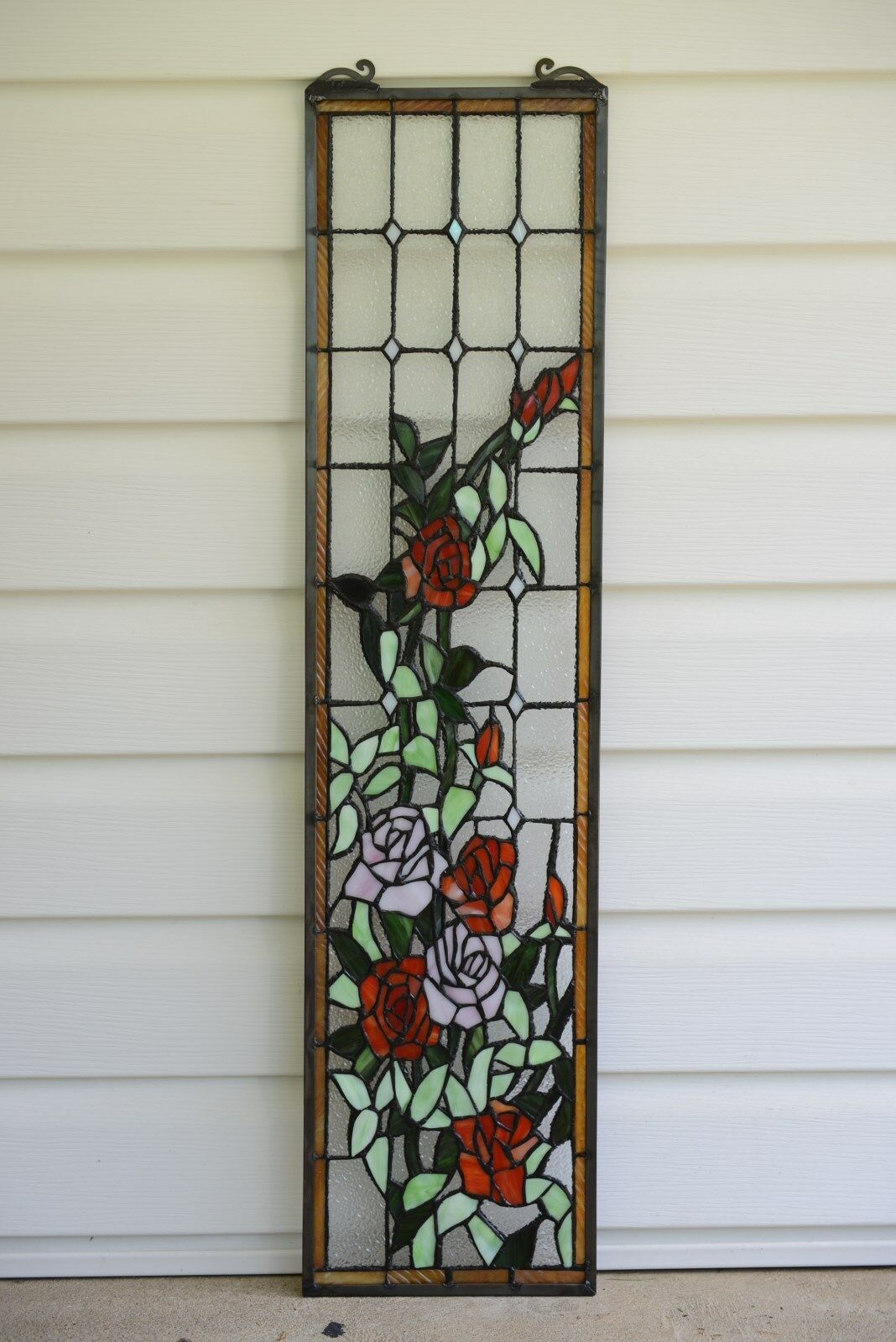 9" X 36" Rose Flowers Handcrafted Stained Glass Window Panel