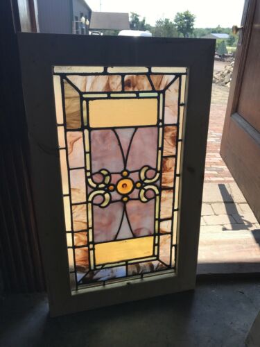 Sg 3378 Antique Stained Glass Window With Jewels 18.75 X 31