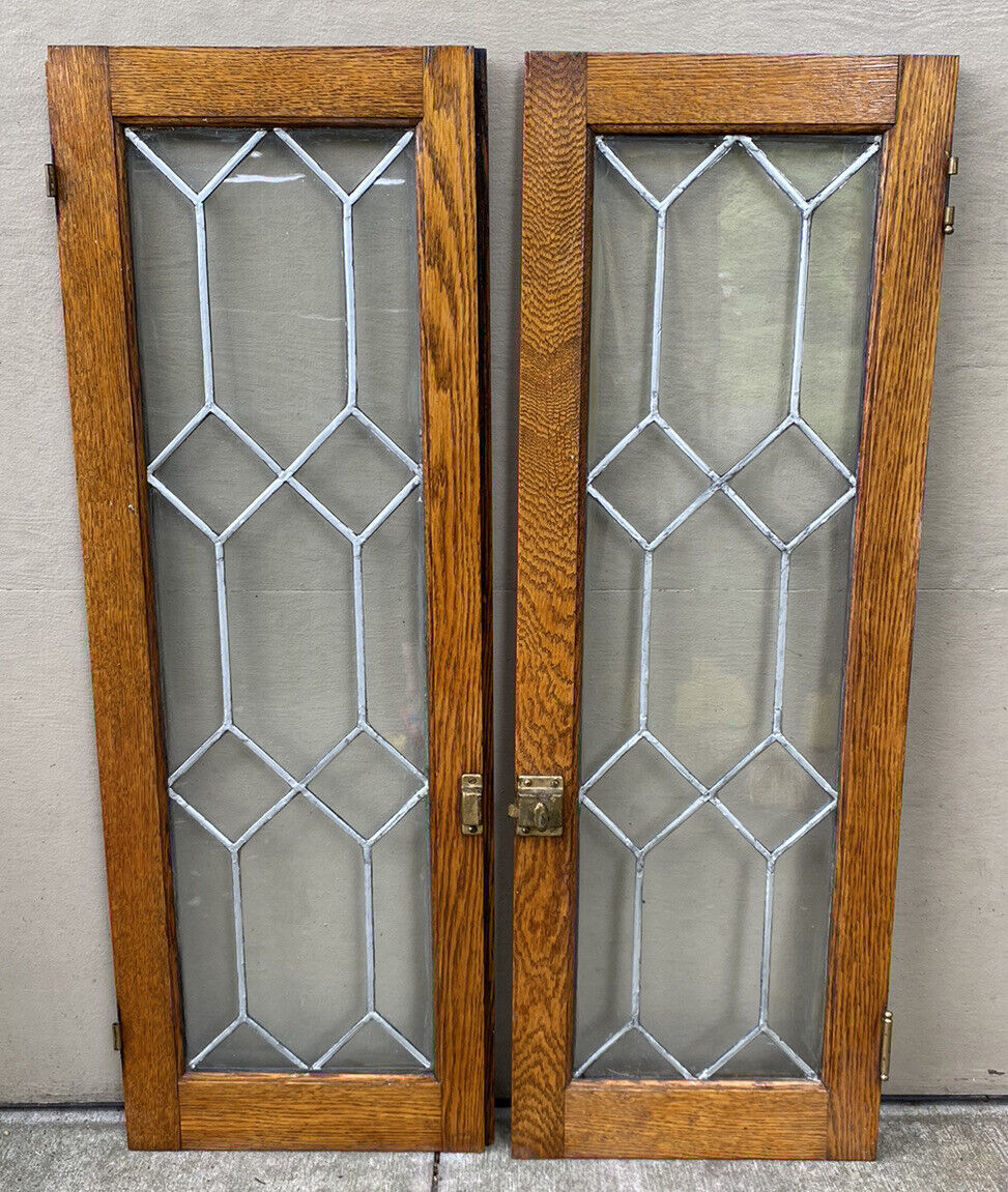 Antique Pair Leaded Glass Cabinet Case Doors Tiger Oak Wavy Glass Window 17 Pns