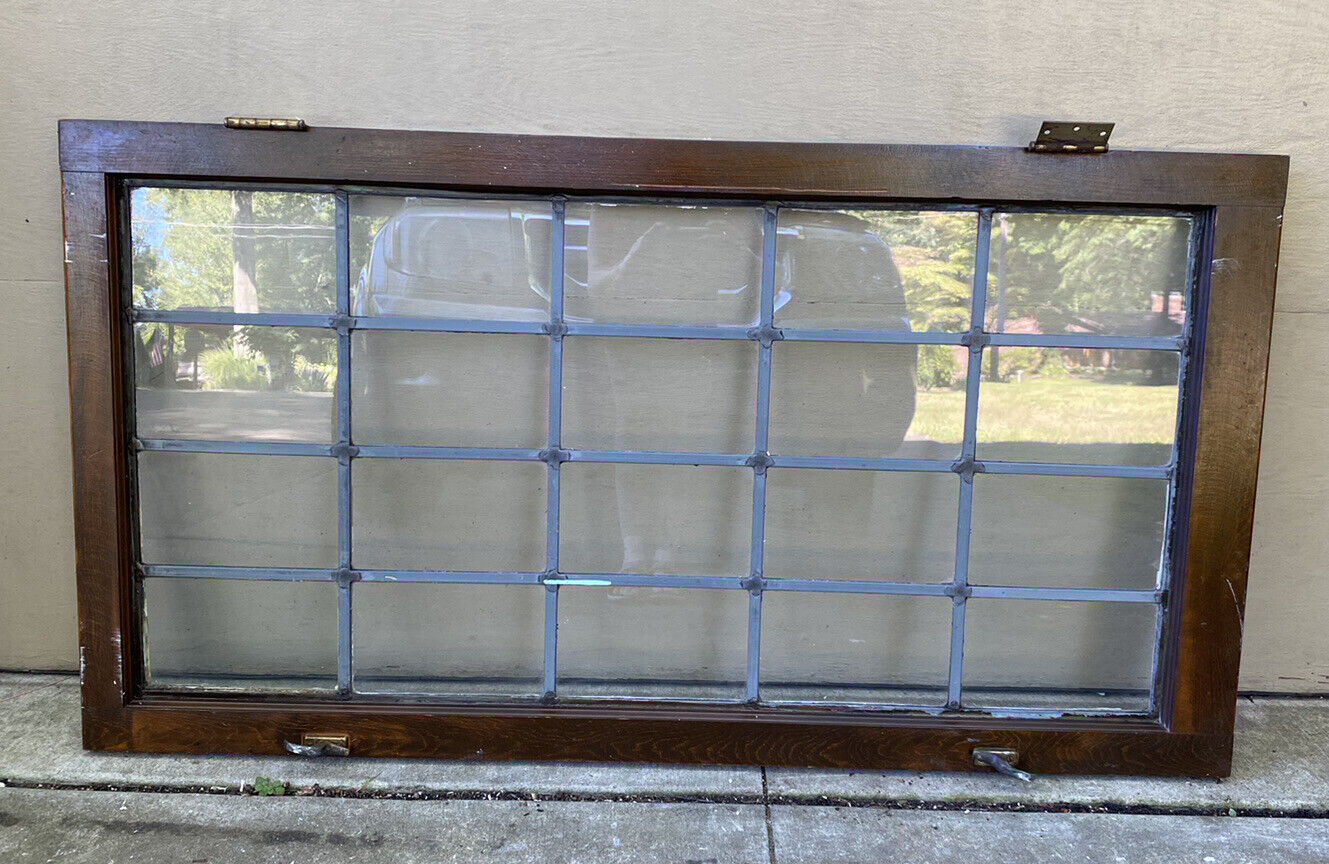 Antique Leaded Glass Window Transom Wavy Glass Wood 20 Panels 53"x28.5" #h