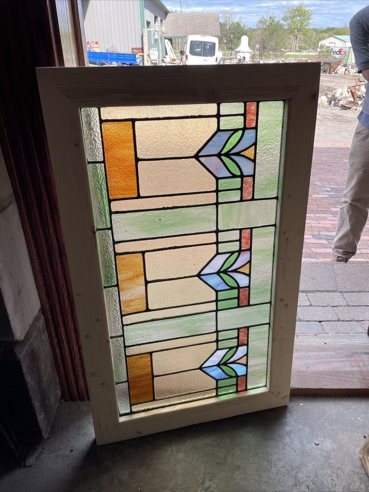 Sg3711 Antique Deco Flowers Stained Glass Transom 22.25 X 36.5
