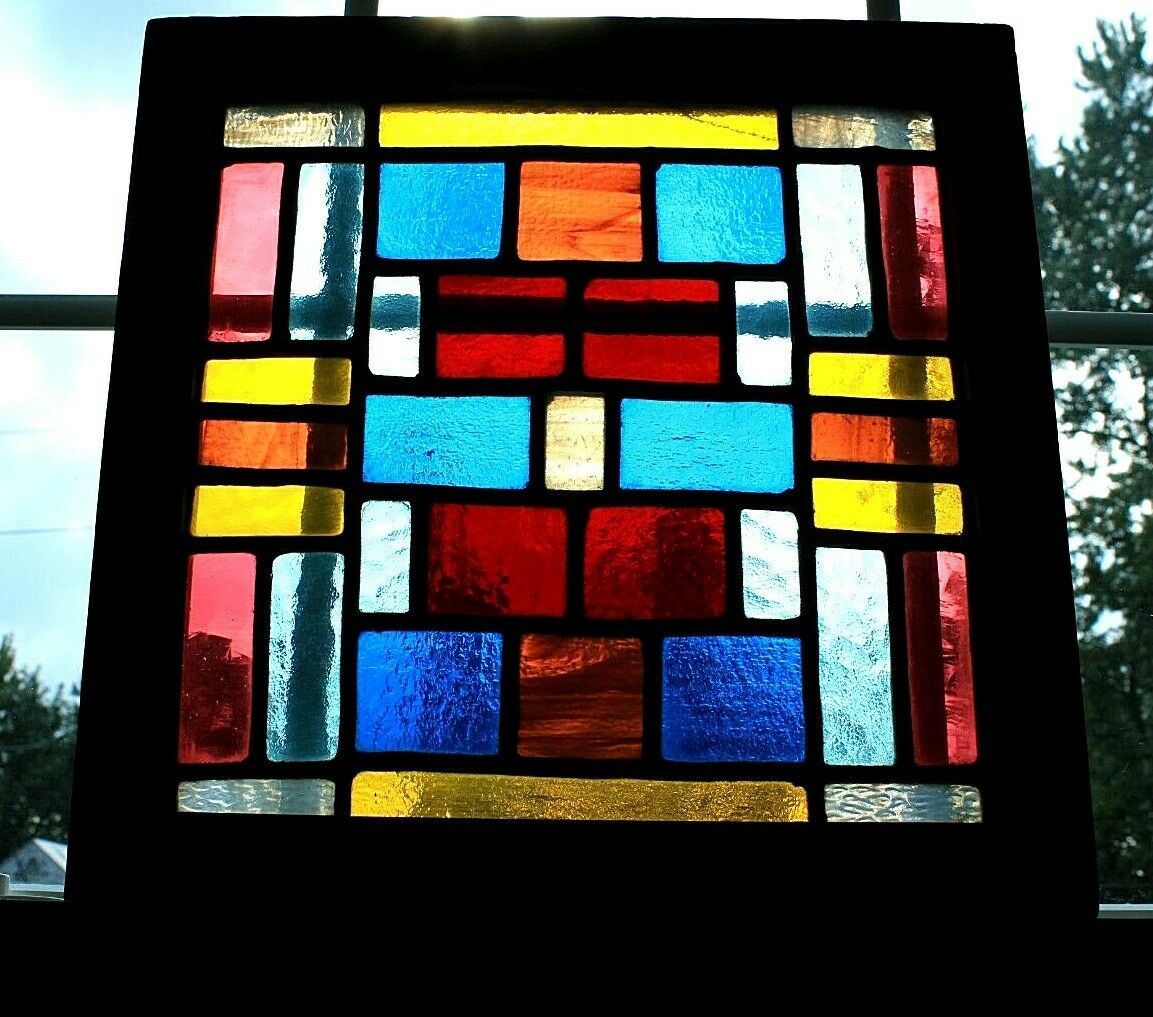 Vintage Multi-color Leaded Stained Glass Panel In Wood Frame - 15" X 15"