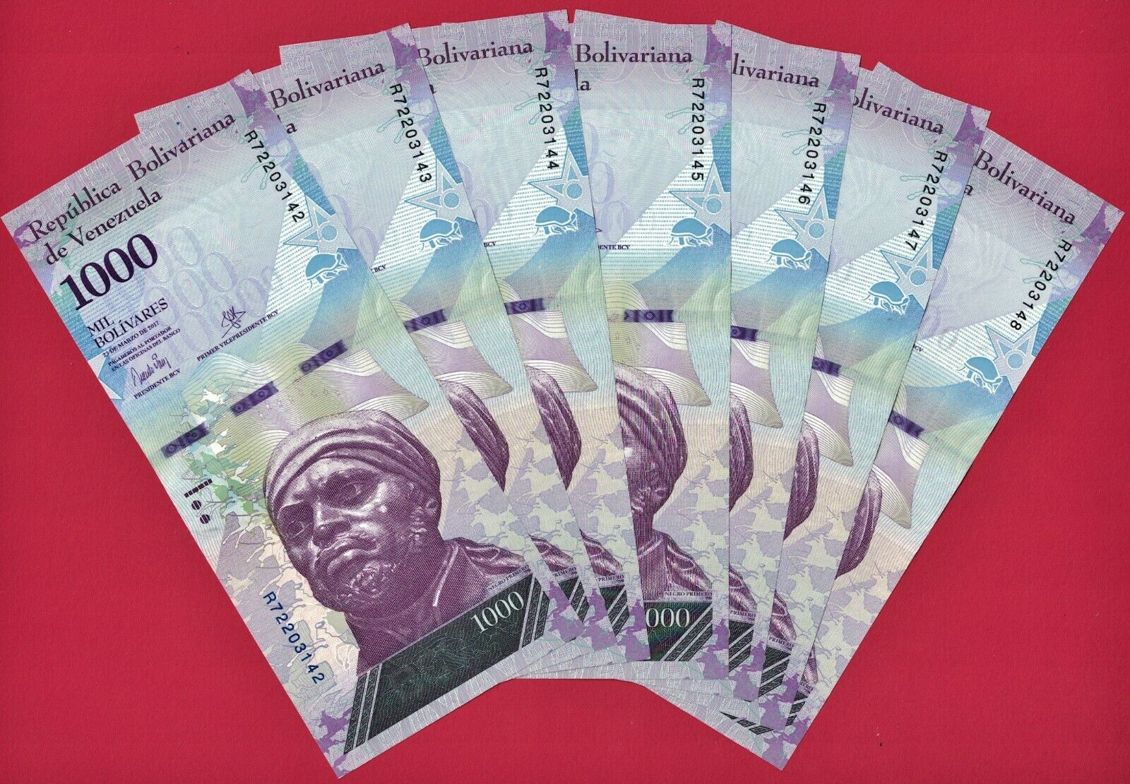 Dealer Lot Of 7 X 1,000 Bolivares 2017 Unc Venezuela Notes (p-95b) Printer: Cdmv